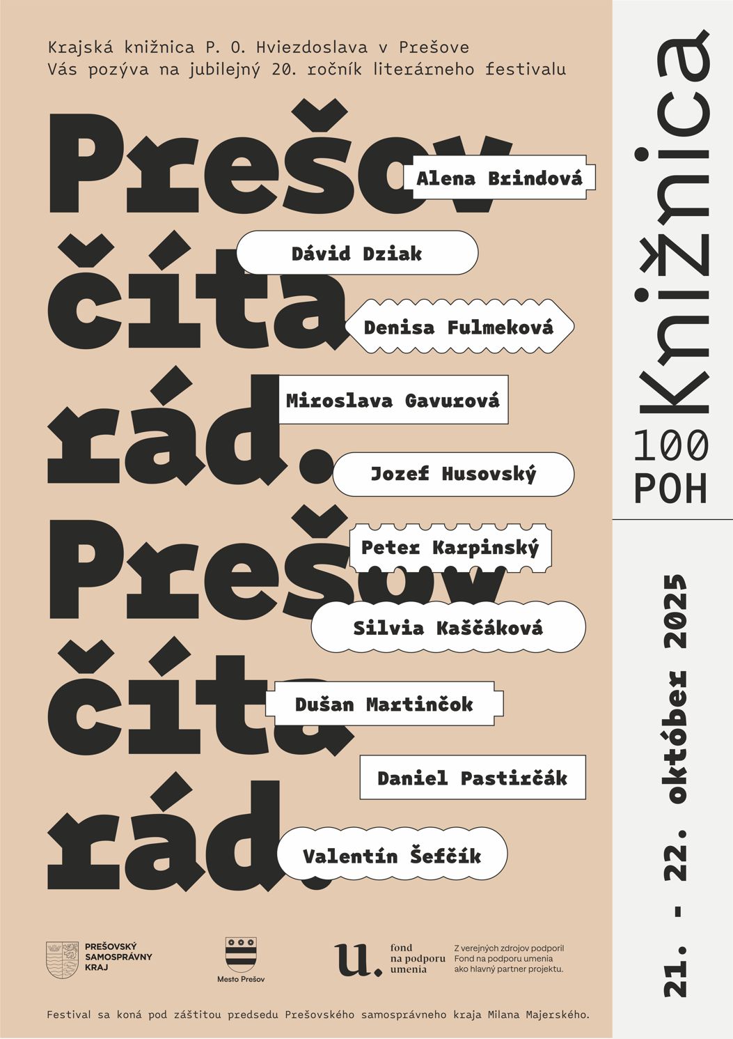 Plagát s menami autorov a autoriek festivalu Prešov číta rád. Mená sú vymenované v texte.